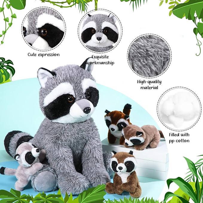 5 Pcs Raccoon Stuffed Animal Set Adorable Mommy Raccoon Plush with 4 Cute Babies in Tummy Soft Cuddly Plushie for Birthday Woodland Party Decor(Cute Style)
