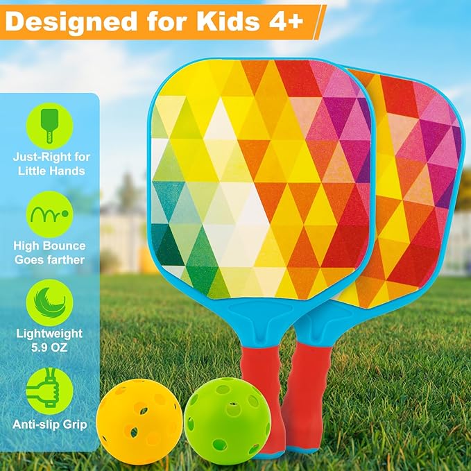 Kids Pickleball Paddles Outdoor Toys for Kid Ages 4 5 6 7 8 Year Old Boy Girl Stocking Stuffers, Beginner Easy to Use Yard Ball Games Set of 2, Lightweight Grip for Small Hands