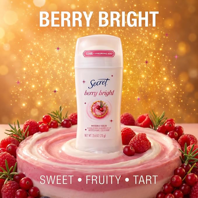 Secret Fresh Antiperspirant Deodorant for Women, 72hr Holiday Sweat & Odor Protection with Pro-Hyaluronic Acid, Invisible Solid, PH Balancing Minerals, Berry Bright Scent, 2.6 oz