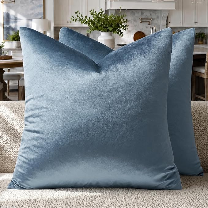 GIGIZAZA Stone Blue Velvet Decorative Throw Pillow Covers 18x18 for Sofa Living Room Soft Couch Pillow Cover Pack of 2 | Decorative Pillows for Couch Sofa,280gsm Soft Textured Fabric,Modern Square Pillowcases,Luxury Cushion Covers
