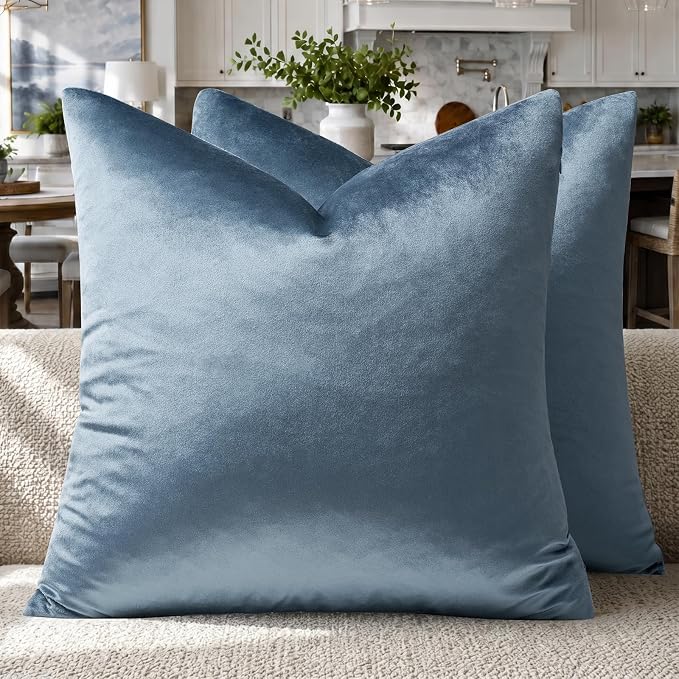 GIGIZAZA Stone Blue Velvet Throw Pillow Covers 24x24 Pack of 2 | Decorative Pillows for Couch Sofa,280gsm Soft Textured Fabric,Modern Square Pillowcases,Luxury Cushion Covers