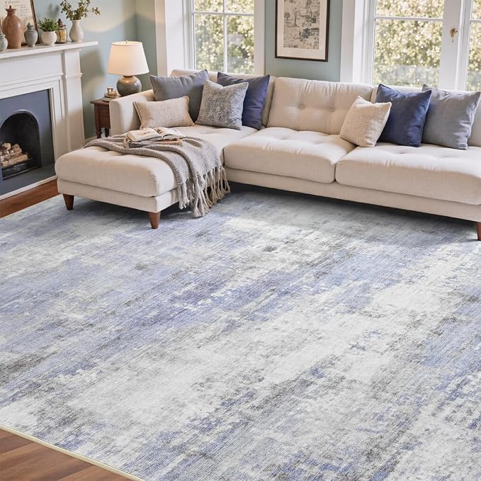 6x9 Ft Large Area Rugs for Living Room, Soft Non-Slip Washable Rugs Modern Abstract Pattern Carpet for Bedroom Indoor Floor Nursery Home Decor (Blue/White)