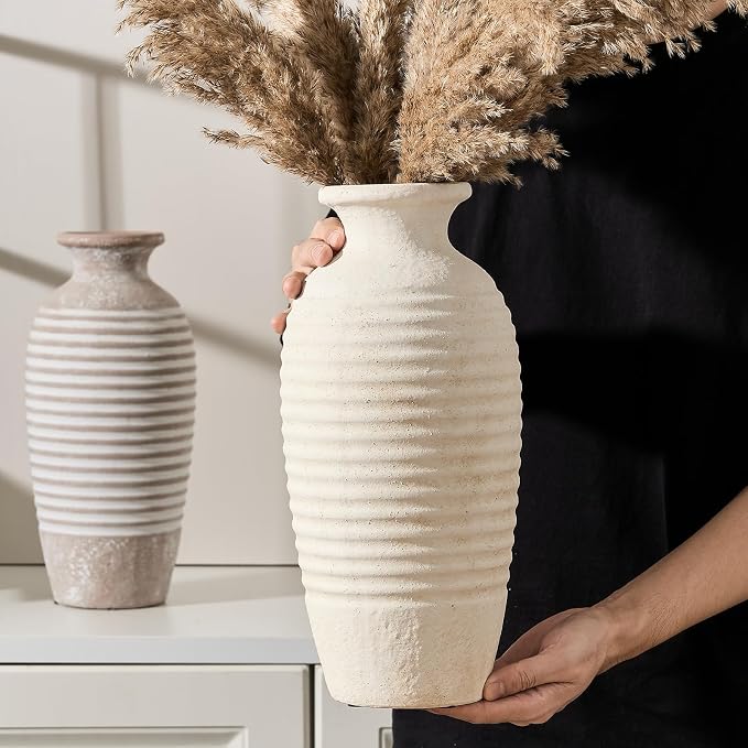 Vaseking Ceramic Natural Rustic Vase, 14.4 Inch Large Vintage Flower Threaded Decorative Farmhouse Tall Vase for Home Decor, Living Room, Shelf Decor, Wedding, Housewarming Gift, Off-White