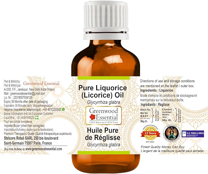 Greenwood Essential Liquorice (Licorice) Oil (Glycyrrhiza glabra) | Infused | Pure | Non-Sticky | Lightweight | For Skin Blends | Botanical Extract | Men & Women | 30ml (1 oz)