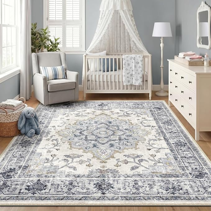 CAPALOCA Machine Washable Rugs Nursery Rug 9x12 Area Rugs Girl Non Slip Low Pile Water Repellent Soft Print Pattern for Bedroom Indoor Decor Kids Playroom Blue White | Non-Slip Soft Rugs for Bedroom Kids Playroom Living Room, Print Pattern Water Repell...