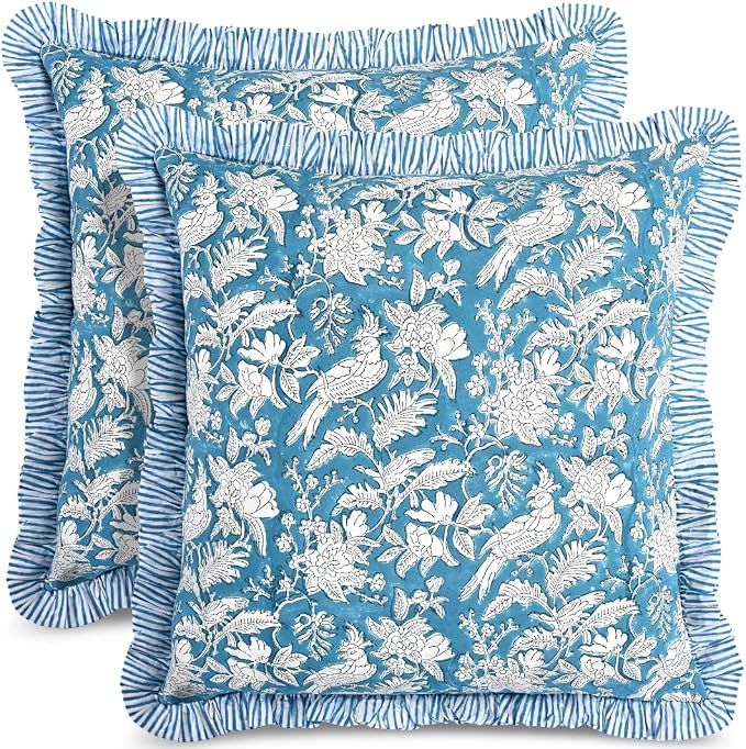 CPC Block Print Ruffle Throw Cover Blue Sapphire 18"x18" Inch Pack of 2-100% Cotton Ruffle Couch Decorative Boho Pillows Case for Living Room, Bedroom, Sofa, Farmhouse Gift for Spring, Mother's Day