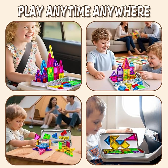 Mini Magnetic Tiles with Iron Box for Kids Ages 3-5,Travel Magnet Mini Building Blocks Plane Toys for Boys Girls Toddlers Preschool STEM Construction Christmas Birthday Gifts -36PCS