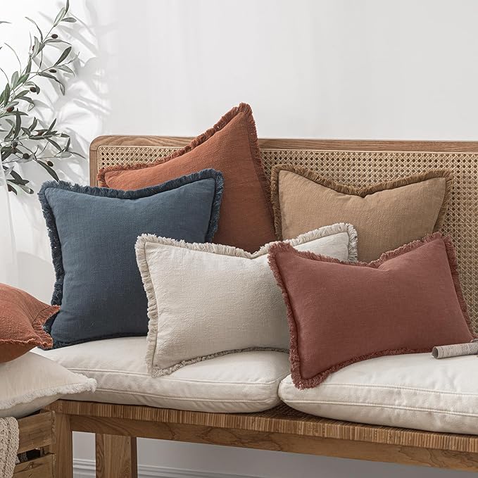 MIULEE Linen Fringe Decorative Fall Throw Pillow Covers Autumn Glaze 20x20 | Set of 2, Cottagecore Decor, Boho Farmhouse Neutral Pillow Covers, Rustic Fall Couch Cushion Cases for Sofa Bed Living Room