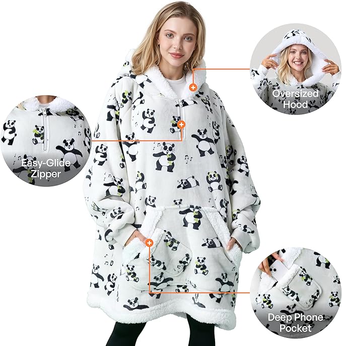 Giggling Getup Wearable Blanket Hoodie for Adults Gifts for Teen Girls Sister Women Sherpa Fleece Printed Hooded Blanket Sweatshirt Warm Cozy with Pocket & Sleeves Grey Panda