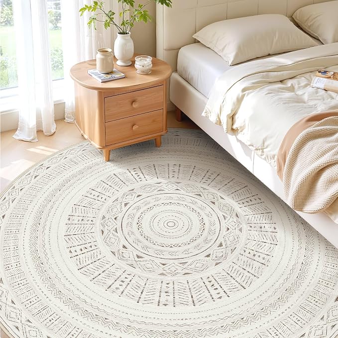 cotiled 8x8 Round Area Rugs Living Room Rug: Washable Boho Rugs with Non Slip Backing Large Soft Indoor Stain Resistant Carpet for Bedroom Farmhouse Dining Room Lightweight Home Decor L Brown/Cream