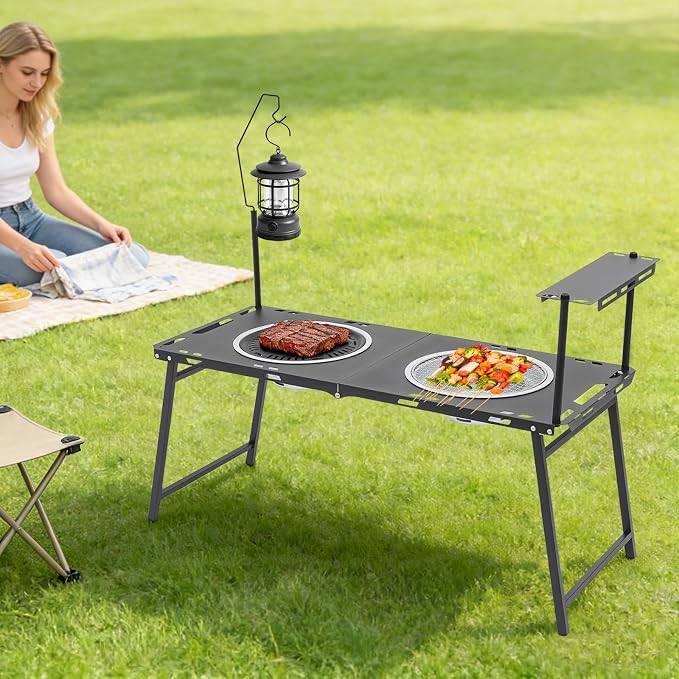 Portable Charcoal Grill Table, Folding Korean BBQ Camping Station with Dual Grill Racks, Frying Pan, Side Shelf & Lantern Stand, High-Carbon Steel for Outdoor Picnic, Barbecue & Travel