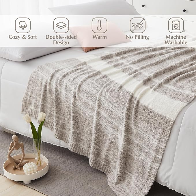 Soft Throw Blanket for Couch-Cozy Reversible Knitted Blankets | Lightweight Warm Fluffy Decor for Women, Mom, Her & Girls, Sofa, Chair, Bed, 50x70in,Taupe Stripe