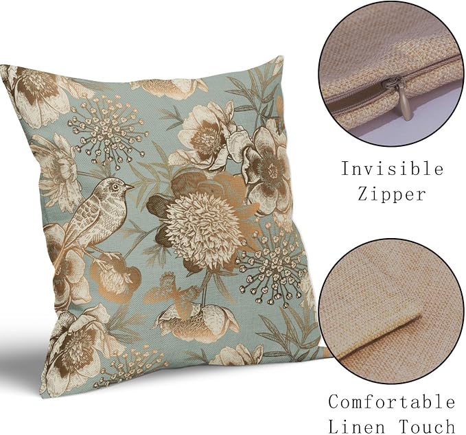 Vintage Floral Pillow Covers 22X22 Inch Set of 2 Rose Gold Flowers Bird Butterfly Decorative Pillow Cases Blue Brown Cotton Linen Cushion Case Farmhouse Home Decor for Sofa Couch Living Room