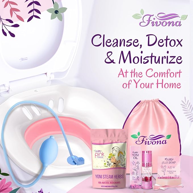 Fivona 6-in-1 Yoni Steam Kit for Women, Steaming Herbs Pink Magic, Expandable V Steam Seat, Yoni Oil, Gentle Soap, Hand Pump, Storage Bag - Cleansing, Moisturizing, pH Balance, Natural Yoni Detox