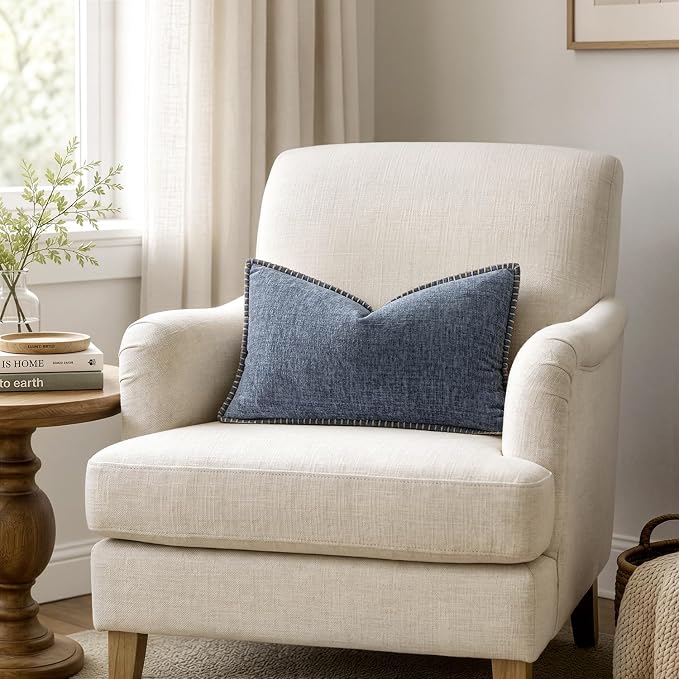 MIULEE Decorative Lumbar Throw Pillow Covers 12x20 in Dark Grey Blue 2 Pack | Farmhouse Pillow Covers with Stitched Edge, Soft Chenille Cushion Cases, for Couch Sofa Bed Living Room Home Decor