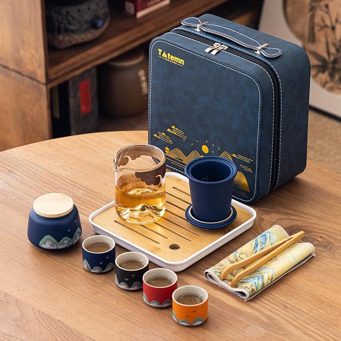 Portable Gongfu Tea Set with Travel Case, Ceramic Tea Set with Glass Teapot Infuser, Bamboo Tea Tray and 4 Ceramic Teacups, All-in-One Travel Tea Kit for Home Office Outdoor Picnic Camping