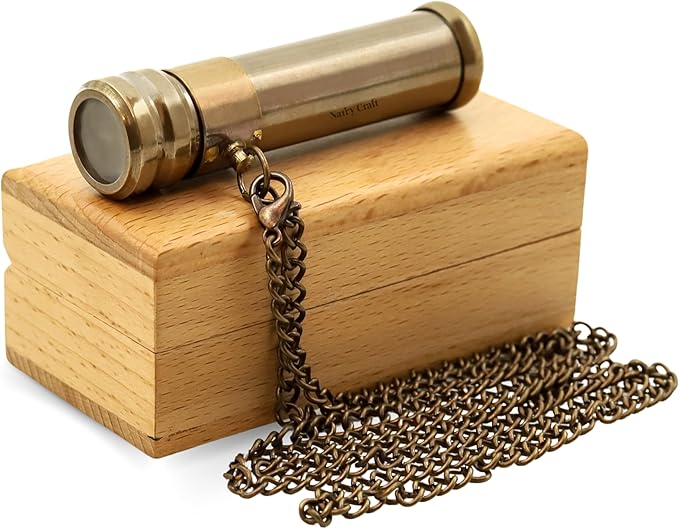 Brass Kaleidoscope with Wooden Box | Handcrafted Vintage Kaleidoscope with Optical Glass Lens & Wooden Storage Box – Collectible Gift for Kids & Adults Last-Minute (Silver/Brass, Small)