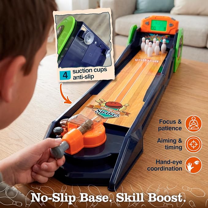 Bowling Game — Electronic Tabletop Arcade Game with LCD Auto Scoring, Lights & Sound, Spring-Loaded Launcher & 1-2 Player Modes — Mini Bowling Set for Kids