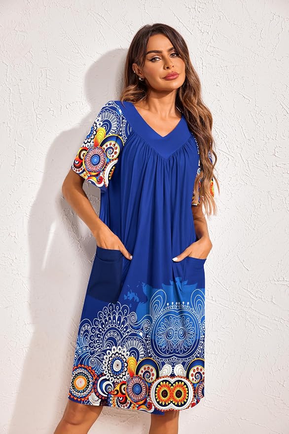 Ekouaer Womens House Dress Floral Print Nightgown with Pockets Mumu Dress