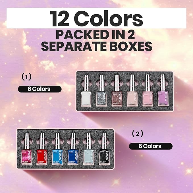Beetles Nail Polish Set - Quick Dry Nail Polish Kit 12 Colors Pink Glitter Green Blue Yellow Red Regular Air Dry Fingernail Polish Pack for Women Spring Gift Beetles Colorful Canvas 12 Colors
