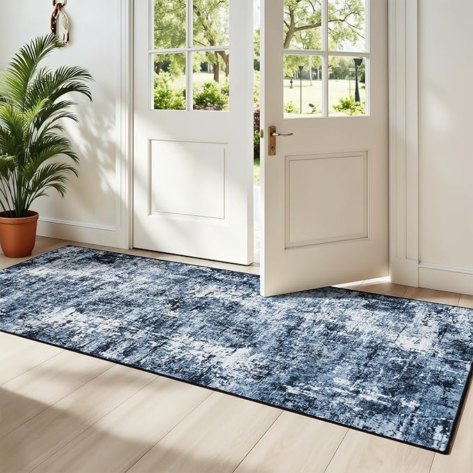 Rugflix 2x7 Runner Rug for Entryway, Washable Navy Blue Entrance Runners | Machine Washable; Stain-Resistant; Low Pile; Non-Slip; Modern Abstract; Black Carpet for Entrance Kitchen Hallway Home