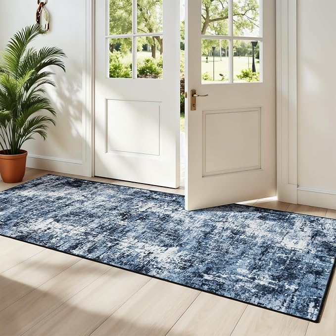 Rugflix 2x8 Runner Rug for Entryway, Washable Navy Blue Runners | Machine Washable; Stain-Resistant; Low Pile; Non-Slip; Modern Abstract; Black Carpet for Entrance Kitchen Hallway Home