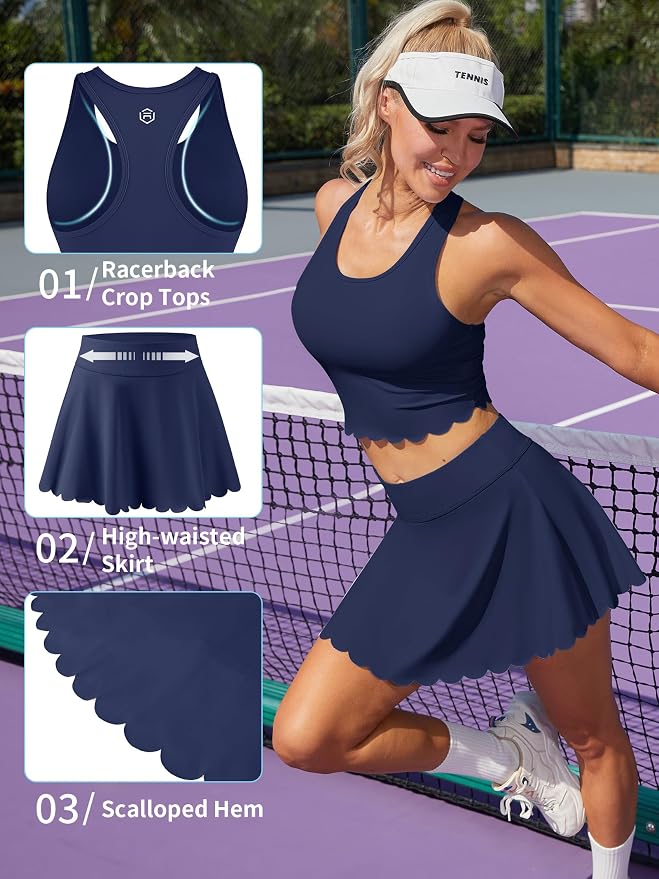 ATTRACO Tennis Outfits for Women Racerback Golf Dress Workout Dress | Athletic Skirt Set, Built-in Shorts, 2 Pockets, Scalloped, Racerback, High Waisted, Pickleball, Workout Set