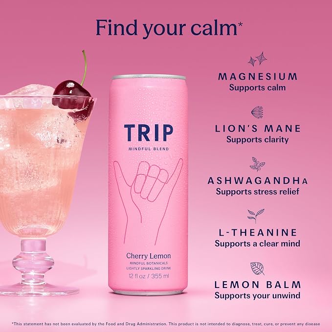 TRIP Lightly Sparkling Adaptogen Drink, Non Alcoholic Drink with Magnesium, Ashwagandha, Lions Mane & L Theanine, No Added Sugar Mocktail, Vegan, Cherry Lemon, 12 Oz, 12Pk