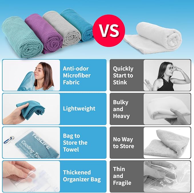 YESLIFE 4 Pack Cooling Towels (40"x12"), Gym Sweat Towels, Cooling Neck Wraps, Soft Breathable Microfiber Towels for Yoga, Running, Sport, Workout, Camping & More (Multicolor)
