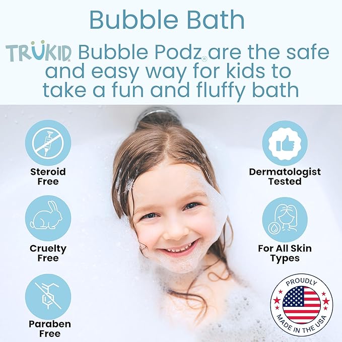 TruKid Bubble Podz Bubble Bath for Kids, Toddlers, & Babies, Tear Free Gentle & Refreshing Bath Bomb for Sensitive Skin with Natural Moisturizers, Non-Toxic, pH Balanced, Vanilla Scent (10 Podz)