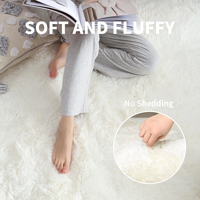 5x7 Thick Cream White Shag Rug for Girls Bedroom, Soft Plush Carpet | Ivory Area Rug for Living Room, Kids Nursery Room, Washable Non Slip Shaggy Floor Carpet