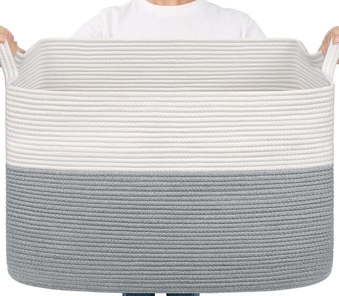 Goodpick 105L Extra Large Woven Blanket Basket Cotton Rope Storage Baskets for Organizing, Rectangle Baby Laundry Basket for Living Room Home Decor, 25"x16"x16", White & Gray
