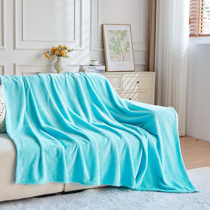 NEWCOSPLAY Fleece Leaves Pattern Twin Blanket, Turquoise, 60"x80" | Super Soft Throw Blanket, Lightweight Cozy Bed Sofa Blanket, Premium Silky Flannel Fleece, Travel Blanket for All Season Use