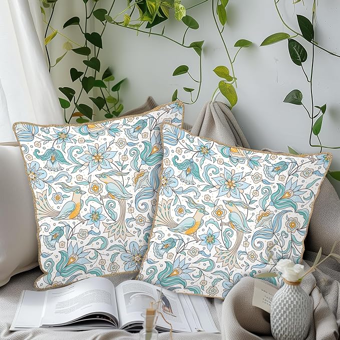 KSLIDS Vintage Floral Soft Velvet Throw Pillow Covers Set of 2 Blue Yellow Flower Birds Decorative Pillow Covers 18x18 Inch Chinoiserie Country Pillow Case for Sofa Couch Bedroom Farmhouse Home Decor