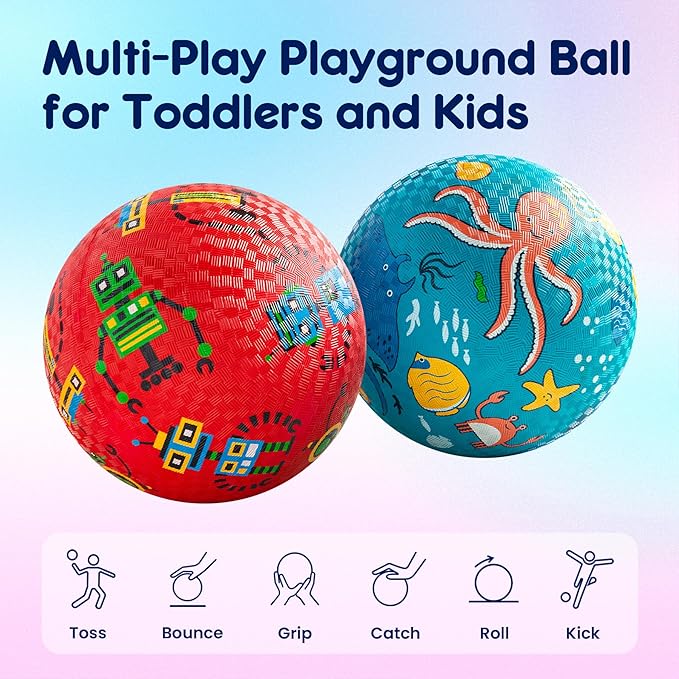 U&C Planet 2 Pack Playground Balls for Toddler Kids, 6 inch 8.5 inch Cartoon Rubber Balls with Pump, Dodgeball Kickball for Outdoor & Indoor Game, Great Gift for Boys Girls Aged 1 and Above