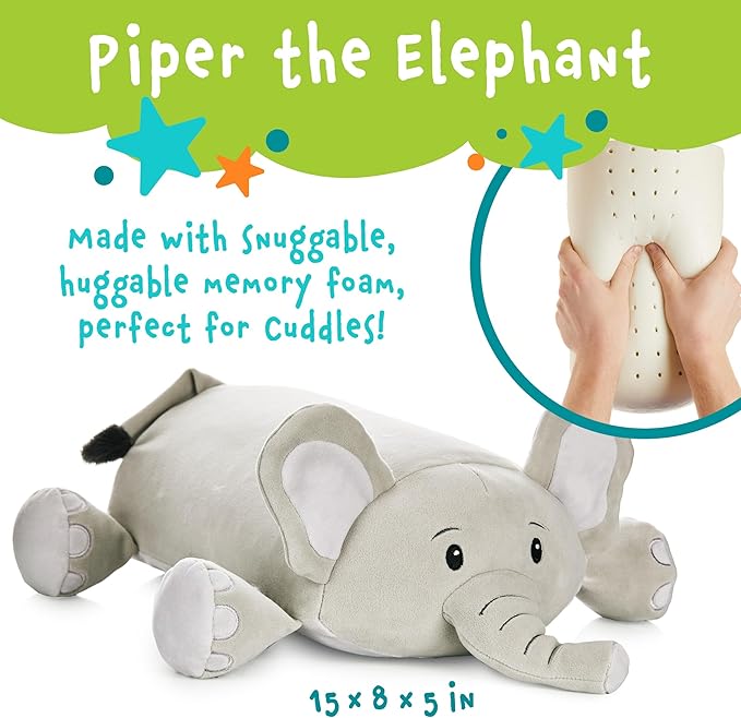 Cuddly Memory Foam Pillow Plush with Belly Pocket, Kids Pillow for Hugging Sleeping & Storing Diary, 15” Stuffed Animal & Journal Set - Piper The Elephant