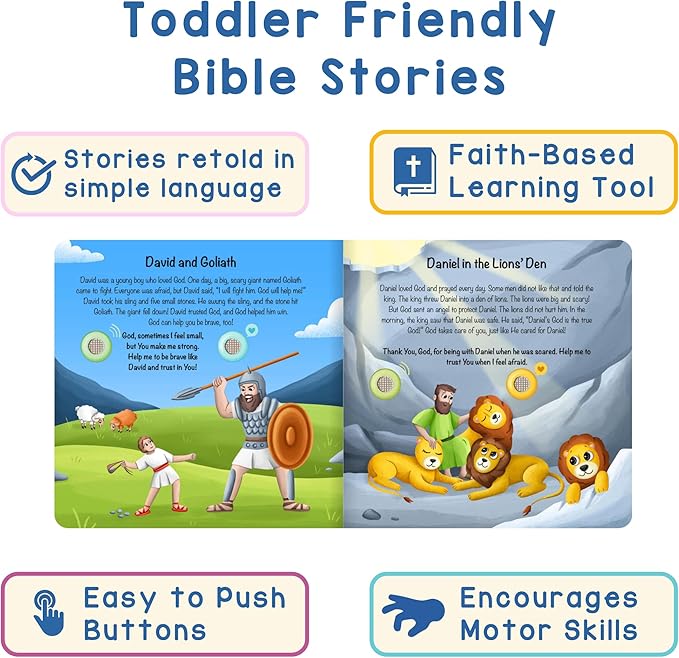 LEARNING BUGS Christian Bible Stories – 13 Stories and Prayers for Little Ones, Musical Books for Toddlers, 28-Button Bible Story Book, Musical Toys for Toddlers 1-3