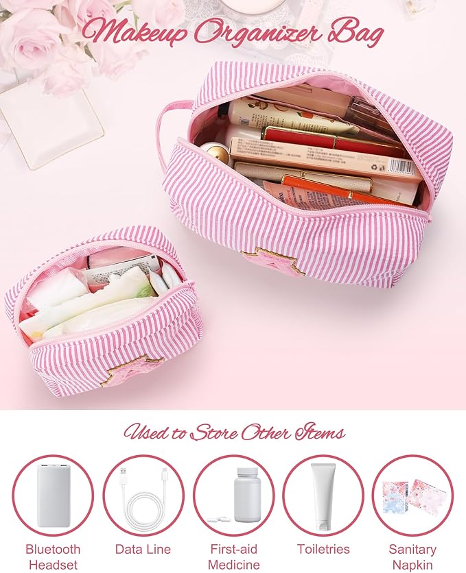 MONSTINA Valentine's Gifts for Mom, Personalized Initial Makeup Bag Cosmetic Bags for Women Cute|Makeup Pouch Birthday Gifts for Mother,Birthday Gift for Her Cute Toiletry Bag,Pink M