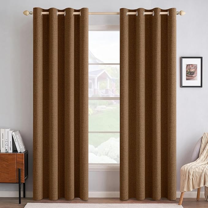 MIULEE Linen Curtains 100% Blackout for Bedroom Thermal Insulated Brown Grommet Room Darkening Curtains & Drapes Fall Decor for Living Room 52 x 72 Inch (2 Panels)