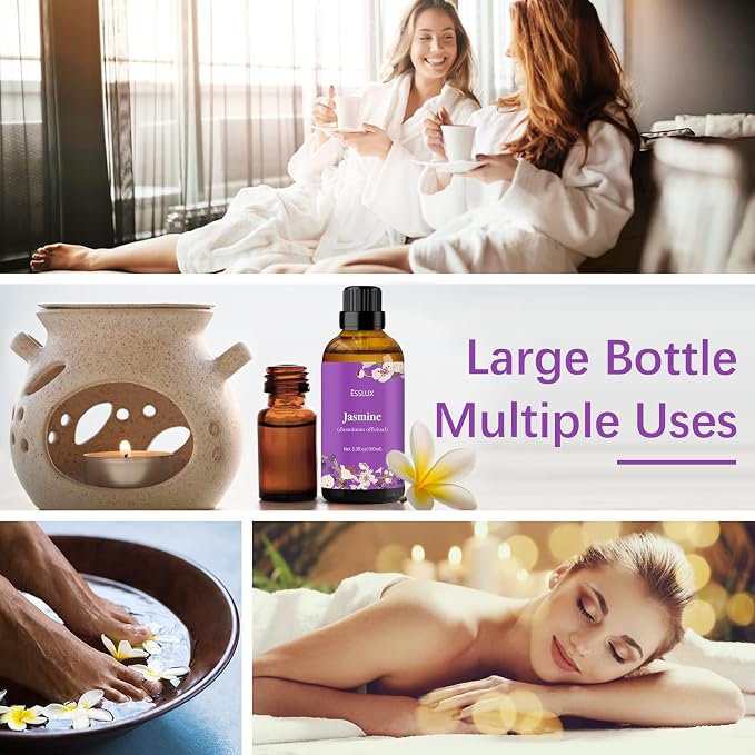 Jasmine Essential Oil 100ml (3.3 Fl Oz), ESSLUX Aromatherapy Essential Oils for Diffuser, Massage, Soap, Candle Making, Home Fragrance