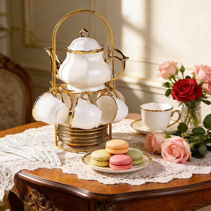 20-Piece Porcelain Tea Sets for Adults, British Style Tea Party Sets for 6 Adults, Includes Tea Cups and Saucers, Teapot, Spoons & Metal Rack, Elegant Ceramic Tea Set for Women, Wedding & Home Decor