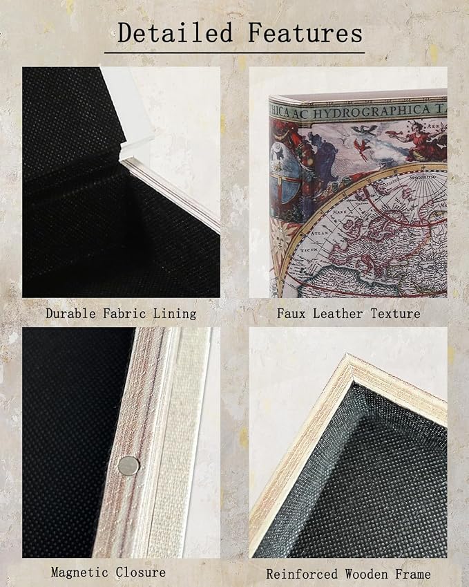 Decorative Wooden Book Box - Vintage Faux Book Boxes for Home Decor, Secret Storage with Magnetic Closure, Antique Style, Map Leather Cover Design, Perfect for Home Office Bookshelf, 10x7x1.6 Inches