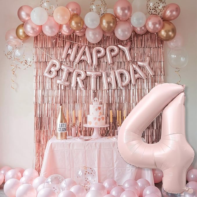 Foil 4 Balloon, Dusty Light Pink Big Number 4 Balloons for Girls Birthday Party Decor, 40'' Self Inflating Number Four Pastel Blush Baby Pink Balloon for Kids 4th Birthday Party Anniversary Decoration