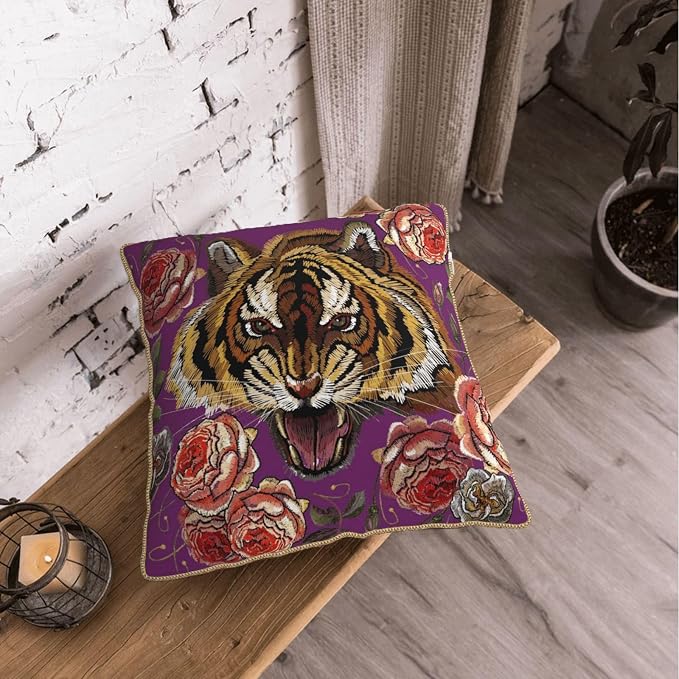 Tiger Flower Purple Velvet Pillow Covers 16x16 Inch Pink Floral Animal Throw Pillows for Couch Cushion Covers Pillowcase Farmhouse Modern Pillow Cases for Sofa Bed Living Room Bedroom