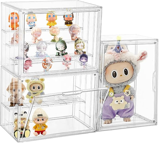 Attelite Acrylic Display Case Compatible with POP MART Labubu Display Case, 4 Tier Figure Clear Cases for Collectibles with 3 Adjustable Divider, 3 Pack Large Storage Box with Magnetic Door