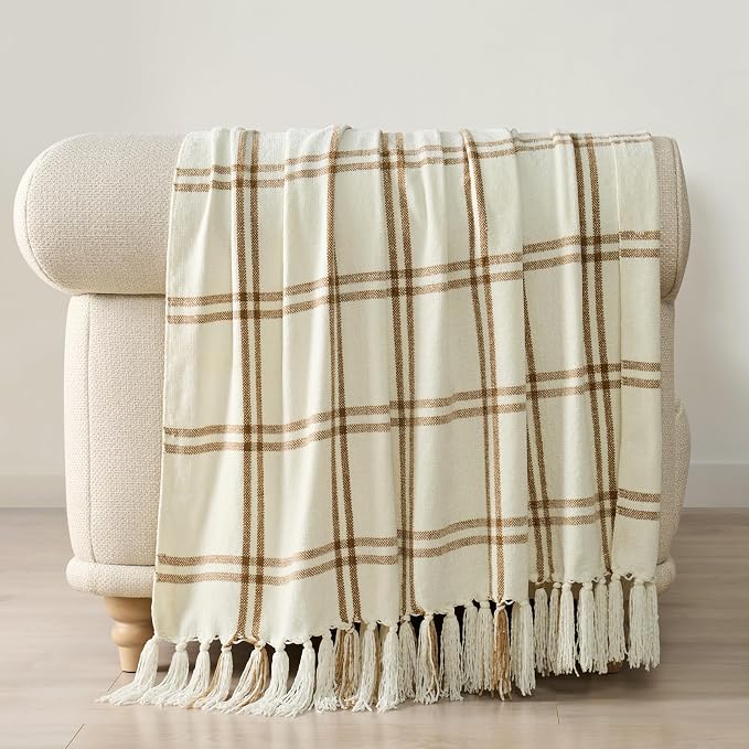 Plaid Chenille Knit Throw Blanket, 60"x80", Cream & Beige | Soft Knitted Throw with Tassels, Cozy, Lightweight, Windowpane Grid Plaid, Decorative Farmhouse Throw for Couch Bed Sofa Gift