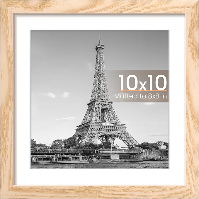 upsimples 10x10 Picture Frame, Display Pictures 8x8 with Mat or 10 x 10 Without, Wall Hanging Square Frames, Natural Style, 1 Pack