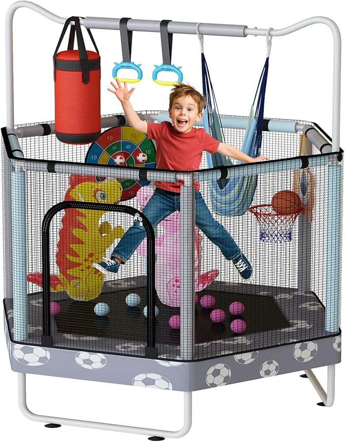 LAMERGE 55" 7-in-1 Round Trampoline for Kids Boys & Girls Ages 1-8, Indoor & Outdoor Trampoline for Fun, Adjustable Height Handrail ＆ Enclosed Safety Net ＆ Durable Designs for Toddlers Children
