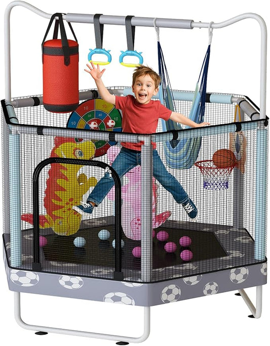 LAMERGE 55" 7-in-1 Round Trampoline for Kids Boys & Girls Ages 1-8, Indoor & Outdoor Trampoline for Fun, Adjustable Height Handrail ＆ Enclosed Safety Net ＆ Durable Designs for Toddlers Children