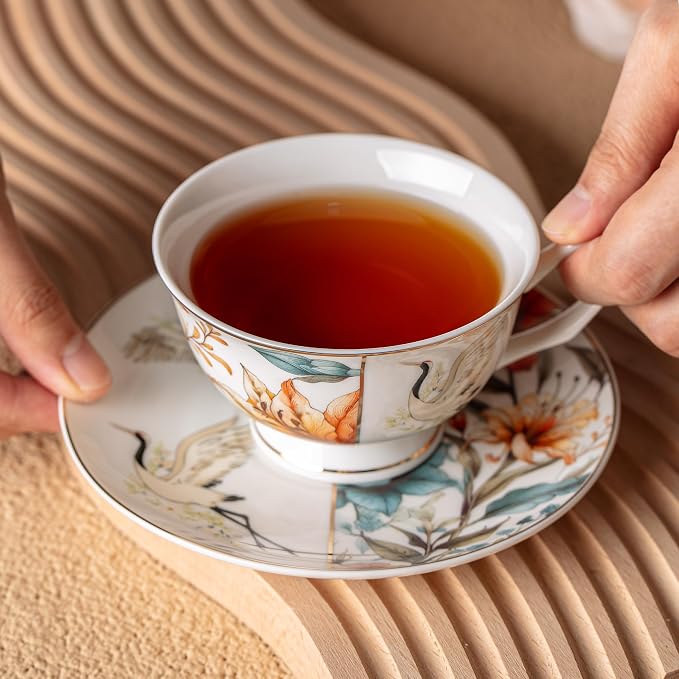 BTaT- Floral Tea Cups and Saucers Set of 4 (8 oz), Porcelain Tea Cup Sets with Gold Trim, Dishwasher & Freezer Safe
